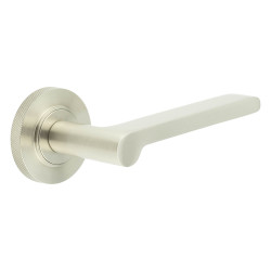 Burlington by Frelan Satin Nickel Fire Rated Door Handles on Round Knurled Rose - Fitzrovia Range