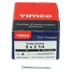TIMCO Twin Threaded Pozi Countersunk Wood Screws - 8 x 2 1/4" - Zinc Plated - Pack of 200