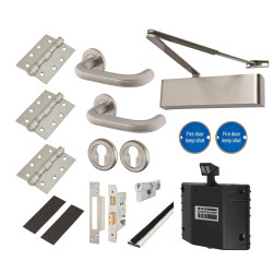 Heavy Duty Euro Lock Door Handle on Rose Fire Door Kit & Dorgard Holder - Silver