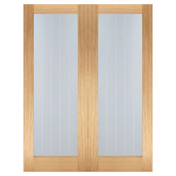 LPD Mexicano Pattern 10 Clear & Frosted Lines Unfinished Internal French Doors - 1981 x 914mm - Oak