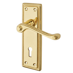 Touchpoint Polished Brass Budget Rope Edge Scroll Keyhole Lock Door Handles - Mia Range - 145 x 48mm