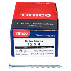 TIMCO Twin Threaded Pozi Countersunk Wood Screws - 12 x 4" - Zinc Plated - Pack of 100