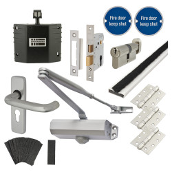 Light Duty Euro Lock Door Handle on Backplate Fire Door Kit - Hold Open - Satin Aluminium