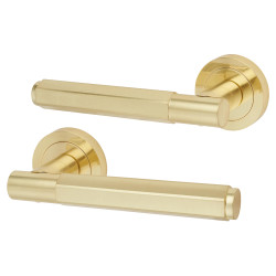 Altro Satin Brass Hexagonal Door Handles on Round Rose - Juno Range