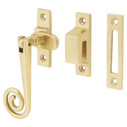 Hampstead Open Curl Mortice & Hook Plate Casement Window Fastener - Reversible - Polished Brass
