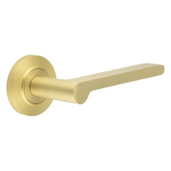 Burlington by Frelan Satin Brass Fire Rated Door Handles on Round Chamfered Rose - Fitzrovia Range