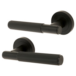 Altro Matt Black Lines Door Handles on Round Rose - Nova Range