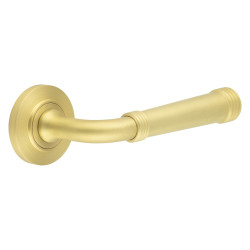 Burlington by Frelan Satin Brass Fire Rated Door Handles on Round Chamfered Rose - Highgate Range