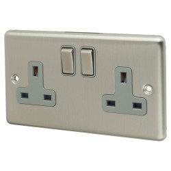 Eurolite Enhance Decorative 13A 2 Gang Double Pole Switched Socket - Satin Steel with Grey Inserts