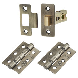 Altro Tubular Latch Pack - 76mm Case - 57mm Backset - 2 x Fire Rated Ball Bearing Hinges - Antique Brass