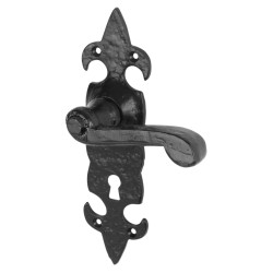 Olde Forge Antique Black Iron Scroll Keyhole Lock Door Handles - Fleur de Lys Range - 210 x 56mm