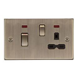 Knightsbridge 45A Square Edge DP Cooker Switch & 13A Socket & Neons - Antique Brass & Black Insert