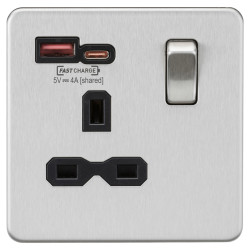 Knightsbridge 13A 1 Gang SP Type A/C Fastcharge USB Socket with 2 x USB - 4A - Brushed Chrome/Black