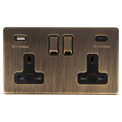 Eurolite Concealed 13A 2 Gang Screwless Type A/C USB Socket with 2 x USB - 3.1A -Antique Brass/Black