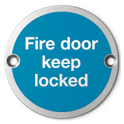 Altro Light Blue Fire Door Keep Locked Door Sign - 75mm Diameter - Satin Stainless Steel