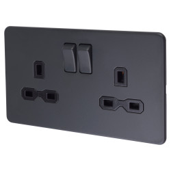 Knightsbridge 13A 2 Gang Screwless Flat Plate Switched DP Socket - Anthracite Grey/Black Inserts