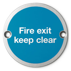 Altro Light Blue Fire Exit Keep Clear Door Sign - 75mm Diameter - Satin Stainless Steel