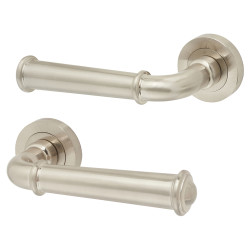 Jedo Satin Nickel Fire Rated Door Handles on Round Rose - Classic Range