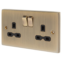 Knightsbridge 13A 2 Gang Switched Double Pole Socket - Antique Brass with Black Insert