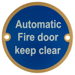 Hampstead Automatic Fire Door Keep Clear Shut Door Sign - 75mm Diameter - Satin Brass