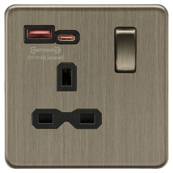 Knightsbridge 13A 1 Gang SP Type A/C Fastcharge USB Socket with 2 x USB - 4A - Antique Brass/Black