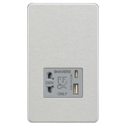 Knightsbridge 230V Shaver Socket with Type A/C USB Ports - 2.4A - Brushed Chrome with Grey Insert