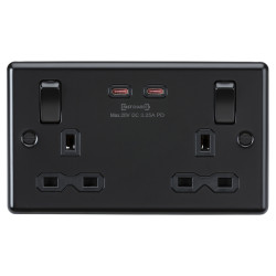 Knightsbridge 13A 2 Gang Round Edge Type A/C 65W Fastcharge USB Socket with 2 x USB - Matt Black
