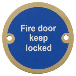 Hampstead Fire Door Keep Locked Door Sign - 75mm Diameter - Polished Brass