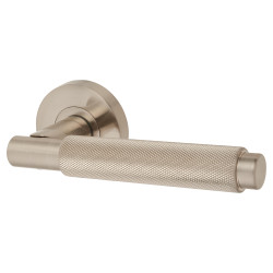 Jigtech Satin Nickel Knurled Door Handles on Round Rose - Textura Range