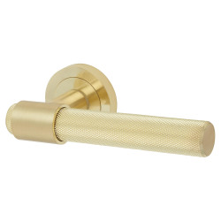 Altro Satin Brass Knurled Door Handles on Round Rose - Esme Range
