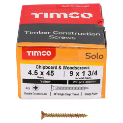 TIMCO Solo Chippy Pozi Countersunk Wood Screws - 4.5 x 45mm - Yellow Zinc - Pack of 200