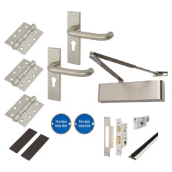 Heavy Duty Euro Lock Door Handle on Backplate Fire Door Kit - Size 2-5 - Push/Pull - Stainless Steel
