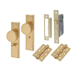 Hampstead Satin Brass Knurled Bathroom Mortice Door Knobs on Backplate Pack - Miller Range - 205 x 52mm