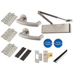 Heavy Duty Latch Door Handle on Rose Fire Door Kit - Power Size 2-5 - Stainless Steel