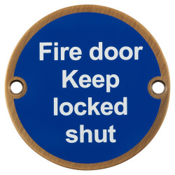 Hampstead Fire Door Keep Locked Shut Door Sign - 75mm Diameter - Antique Brass