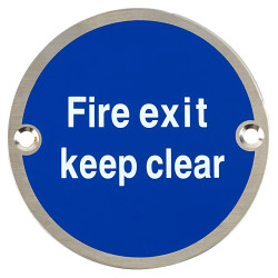 Altro Fire Exit Keep Clear Door Sign - 75mm Diameter - Satin Stainless Steel