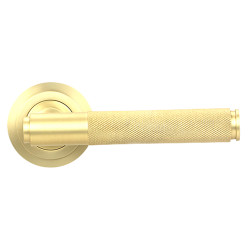 From The Anvil Satin Brass Knurled Door Handles on Round Art Deco Rose - Brompton Range