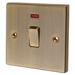 Knightsbridge 20A 1 Gang Double Pole Appliance Switch with Neon - Antique Brass