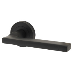 Jedo Matt Black Fire Rated Door Handles on Round Rose - Jet Range