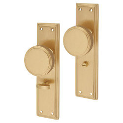 Hampstead Satin Brass Knurled Bathroom Mortice Door Knob on Backplate - 205 x 52mm - Miller Range