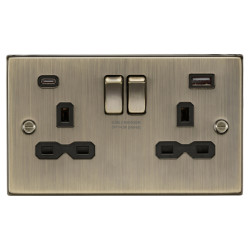 Knightsbridge 13A 2 Gang Type A/C USB Socket with 2 x USB - 4A - Antique Brass/Black