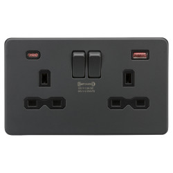 Knightsbridge 13A 2 Gang Type A/QC18W Type C/PD45W USB Socket with 2 x USB - Anthracite Grey/Black