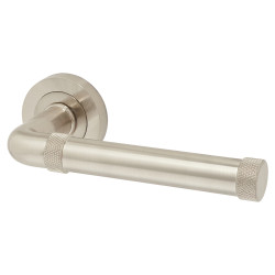 Jedo Satin Nickel Fire Rated Knurled Door Handles on Round Rose - Midtown Range