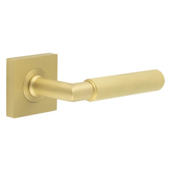 Burlington by Frelan Satin Brass Knurled Fire Rated Door Handles on Square Rose - Piccadilly Range