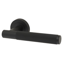 Jedo Matt Black Fire Rated Knurled Door Handles on Round Rose - Bari Range