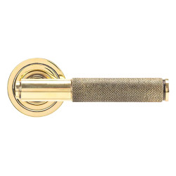 From The Anvil Aged Brass Knurled Door Handles on Round Art Deco Rose - Brompton Range