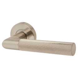 Jigtech Satin Nickel Knurled Door Handles on Round Rose - Tactil Range