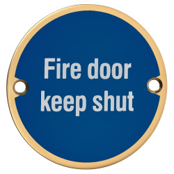 Hampstead Fire Door Keep Shut Door Sign - 75mm Diameter - Polished Brass