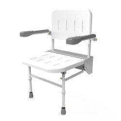 Fitzroy of London Folding Wall Mounted Shower Seat With Legs, Back & Arms - 410-610 x 494mm - White