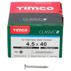 TIMCO Classic Pozi Countersunk Wood Screws - 4.5 x 40mm - A2 Stainless Steel - Pack of 200